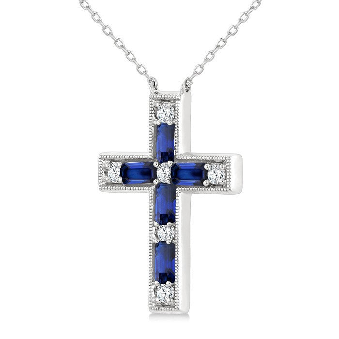 4X2 MM Baguette Cut Sapphire and 1/5 Ctw Round Cut Diamond Cross Pendant With Chain in 14K White Gold