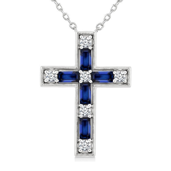 4X2 MM Baguette Cut Sapphire and 1/5 Ctw Round Cut Diamond Cross Pendant With Chain in 14K White Gold