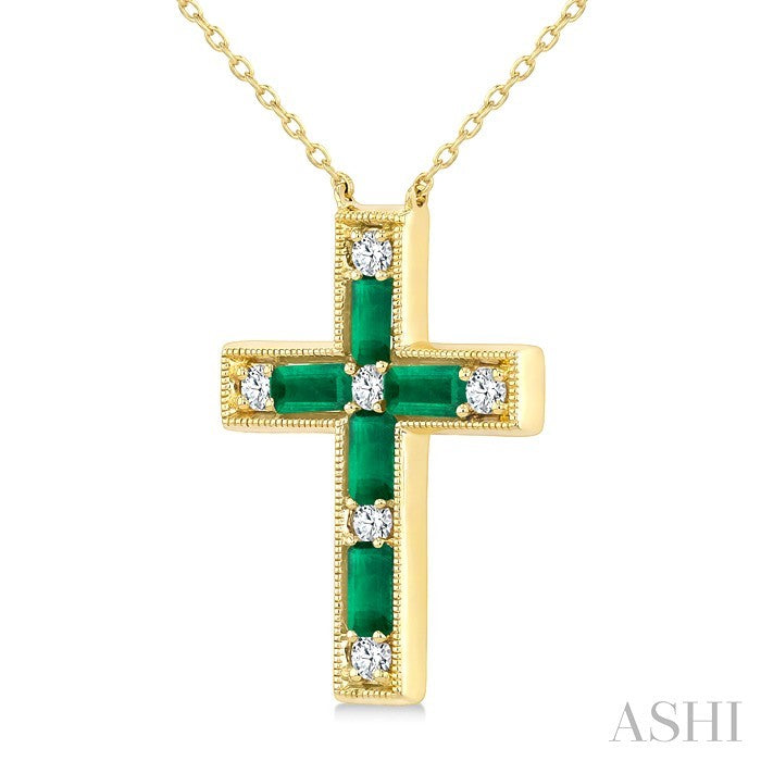 4X2 MM Baguette Cut Emerald and 1/5 Ctw Round Cut Diamond Cross Pendant With Chain in 14K Yellow Gold