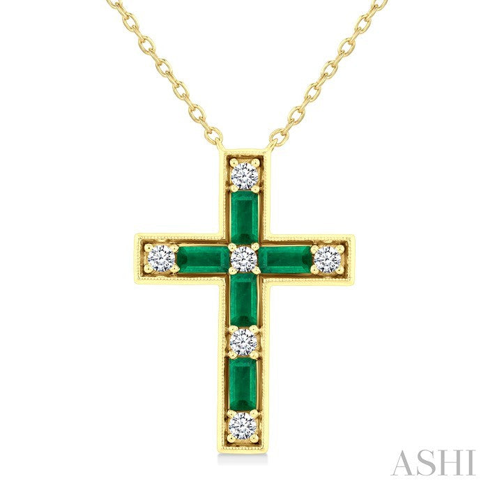 4X2 MM Baguette Cut Emerald and 1/5 Ctw Round Cut Diamond Cross Pendant With Chain in 14K Yellow Gold