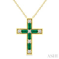4X2 MM Baguette Cut Emerald and 1/5 Ctw Round Cut Diamond Cross Pendant With Chain in 14K Yellow Gold