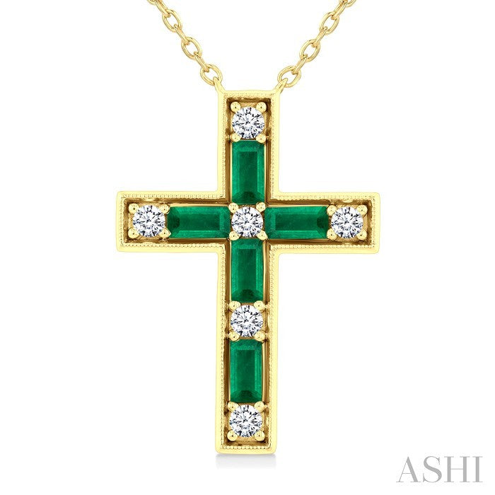 4X2 MM Baguette Cut Emerald and 1/5 Ctw Round Cut Diamond Cross Pendant With Chain in 14K Yellow Gold