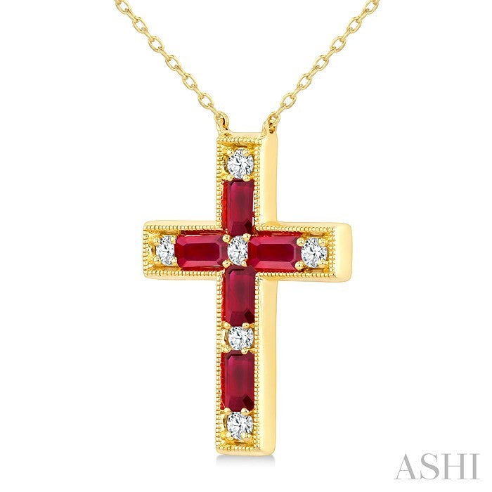 4X2 MM Baguette Cut Ruby and 1/5 Ctw Round Cut Diamond Cross Pendant With Chain in 14K Yellow Gold