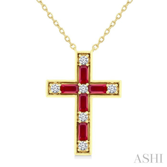 4X2 MM Baguette Cut Ruby and 1/5 Ctw Round Cut Diamond Cross Pendant With Chain in 14K Yellow Gold