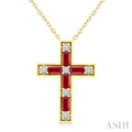 4X2 MM Baguette Cut Ruby and 1/5 Ctw Round Cut Diamond Cross Pendant With Chain in 14K Yellow Gold