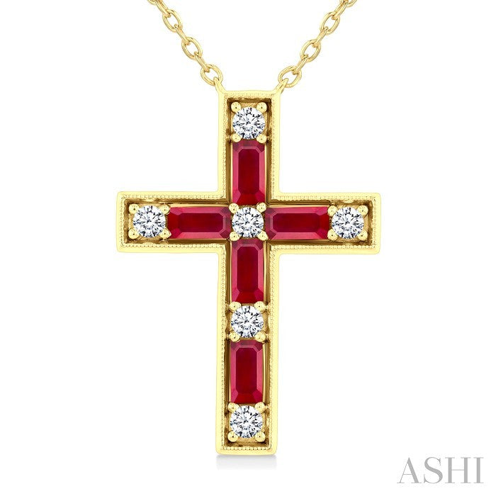 4X2 MM Baguette Cut Ruby and 1/5 Ctw Round Cut Diamond Cross Pendant With Chain in 14K Yellow Gold