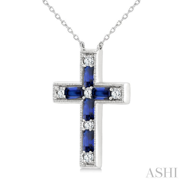 4X2 MM Baguette Cut Sapphire and 1/5 Ctw Round Cut Diamond Cross Pendant With Chain in 14K White Gold