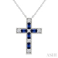 4X2 MM Baguette Cut Sapphire and 1/5 Ctw Round Cut Diamond Cross Pendant With Chain in 14K White Gold