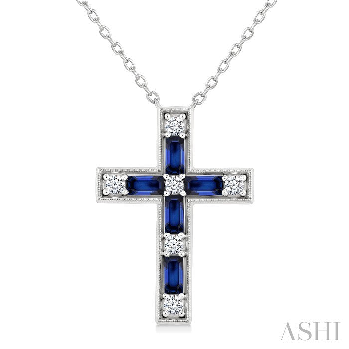 4X2 MM Baguette Cut Sapphire and 1/5 Ctw Round Cut Diamond Cross Pendant With Chain in 14K White Gold