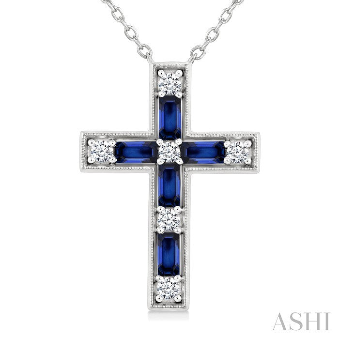4X2 MM Baguette Cut Sapphire and 1/5 Ctw Round Cut Diamond Cross Pendant With Chain in 14K White Gold