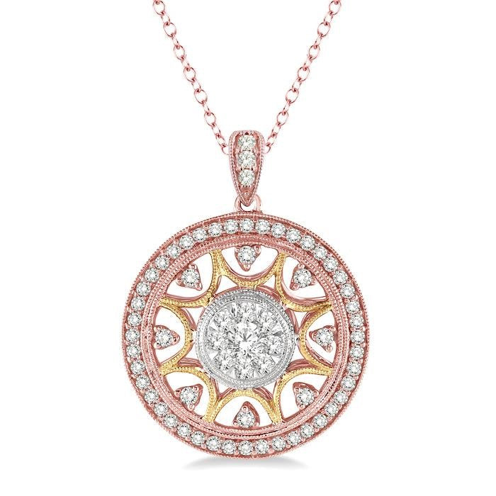 1 Ctw Round Cut Diamond Shine Bright Pendant in 14K Tri Color Gold with Chain