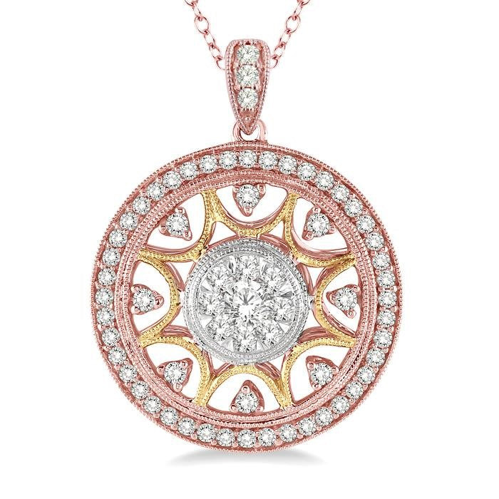 1 Ctw Round Cut Diamond Shine Bright Pendant in 14K Tri Color Gold with Chain