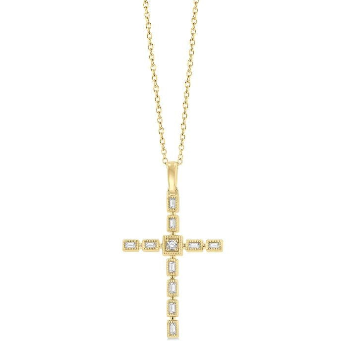 1/5 Ctw Baguette and Round Cut Diamond Cross Pendant With Chain in 10K Yellow Gold