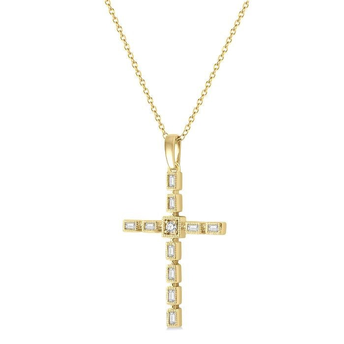 1/5 Ctw Baguette and Round Cut Diamond Cross Pendant With Chain in 10K Yellow Gold