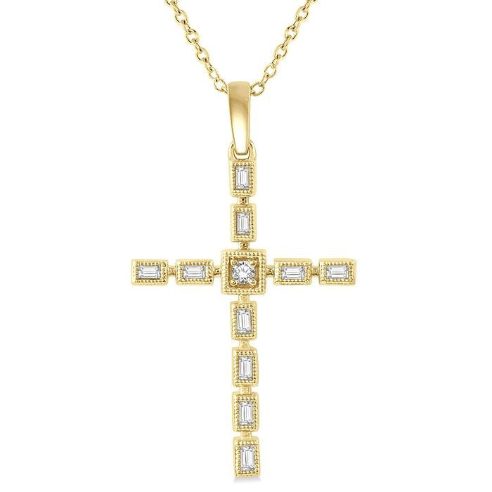 1/5 Ctw Baguette and Round Cut Diamond Cross Pendant With Chain in 10K Yellow Gold