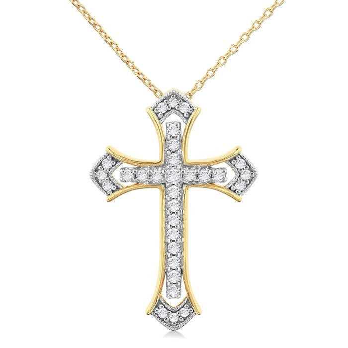 1/4 Ctw Cross Round Cut Diamond Fashion Pendant With Chain in 14K Yellow and White Gold