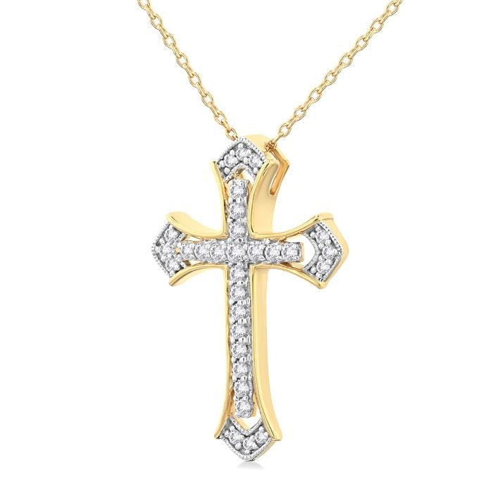 1/4 Ctw Cross Round Cut Diamond Fashion Pendant With Chain in 14K Yellow and White Gold