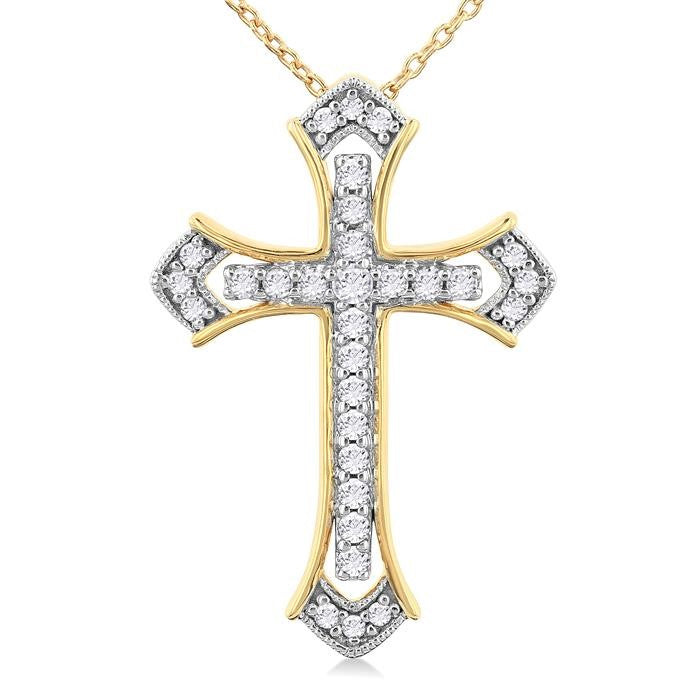 1/4 Ctw Cross Round Cut Diamond Fashion Pendant With Chain in 14K Yellow and White Gold