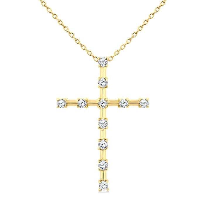 1/4 Ctw Round Cut Diamond Cross Pendant With Chain in 10K Yellow Gold