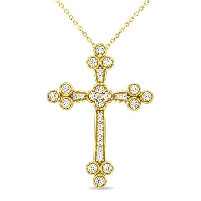 1/4 Ctw Round Cut Diamond Clover Cross Pendant With Chain in 10K Yellow Gold