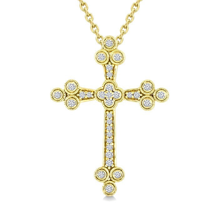 1/4 Ctw Round Cut Diamond Clover Cross Pendant With Chain in 10K Yellow Gold