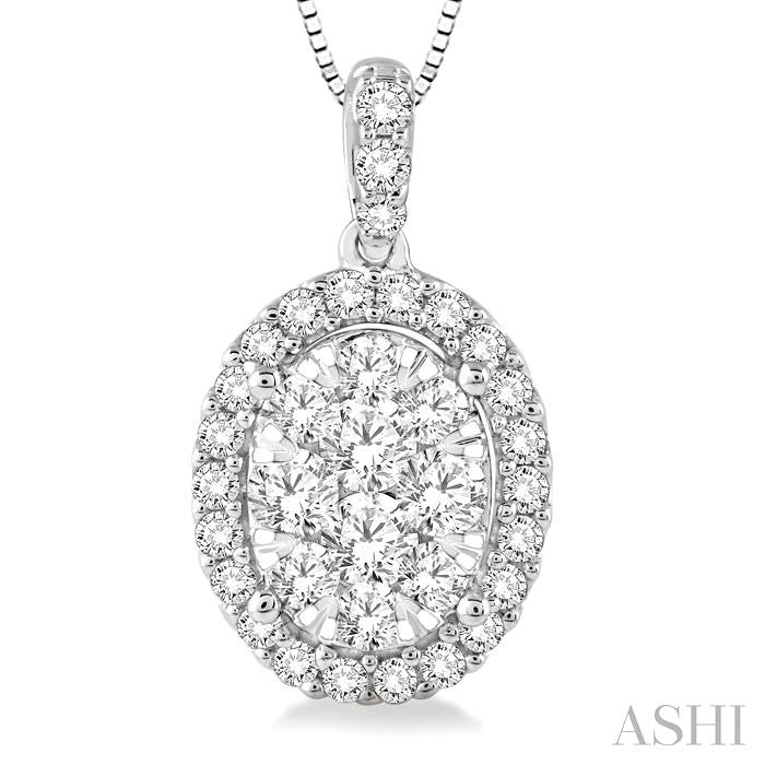 3/4 Ctw Oval Shape Diamond Lovebright Pendant in 14K White Gold with Chain