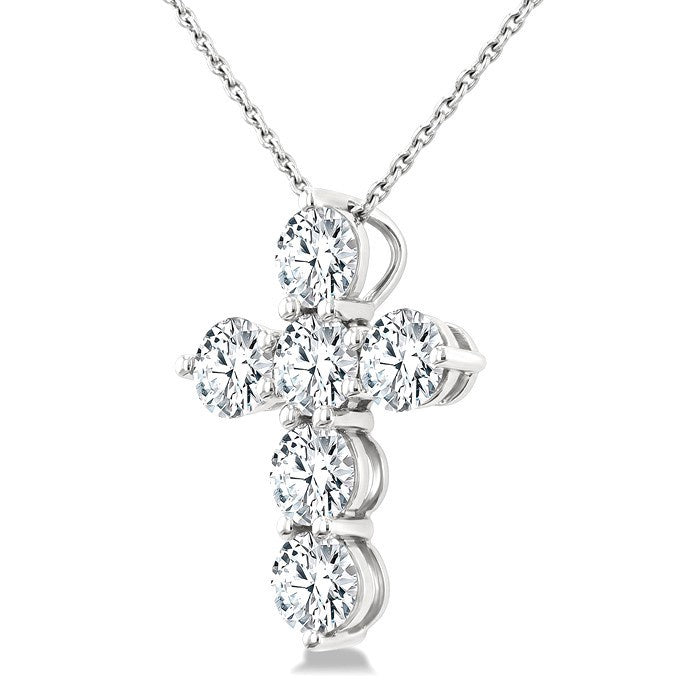 2 Ctw 6 Stone Round Cut Diamond Cross Pendant With Chain in 18K White Gold