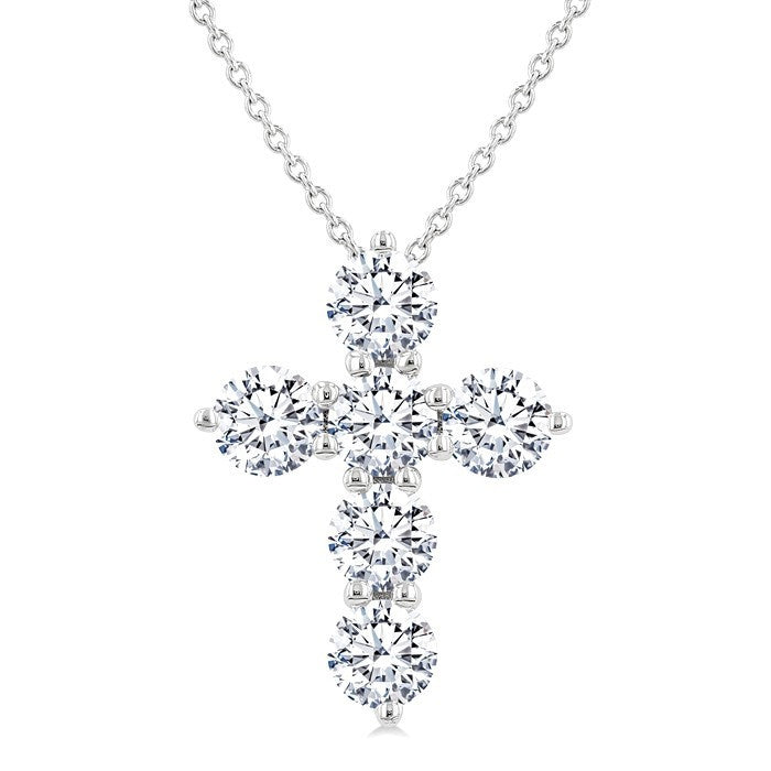 1 1/2 Ctw Round Cut Diamond Christian Cross 6-Stone Fashion Pendant With Chain in 14K White Gold