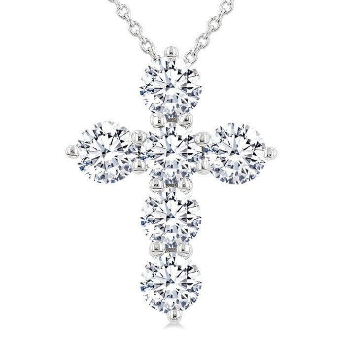 1 1/2 Ctw Round Cut Diamond Christian Cross 6-Stone Fashion Pendant With Chain in 14K White Gold