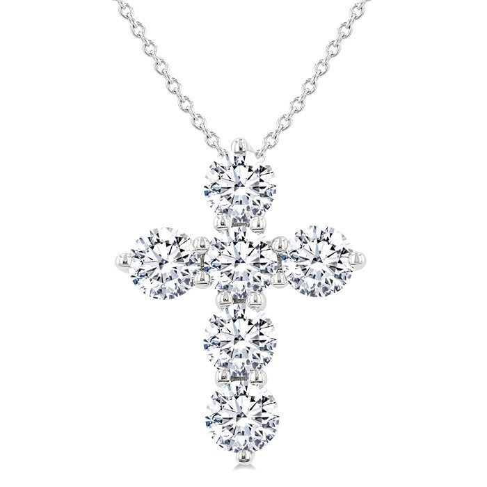 2 Ctw Round Cut Diamond Christian Cross 6-Stone Fashion Pendant With Chain in 14K White Gold