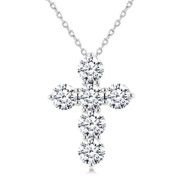 3 Ctw Round Cut Diamond Christian Cross 6-Stone Fashion Pendant With Chain in 14K White Gold