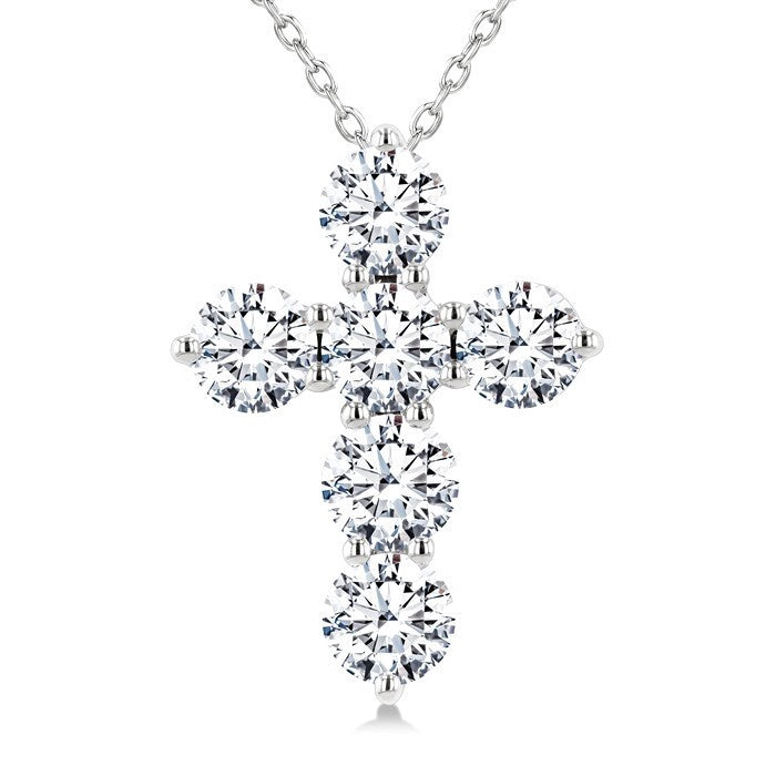 3 Ctw Round Cut Diamond Christian Cross 6-Stone Fashion Pendant With Chain in 14K White Gold