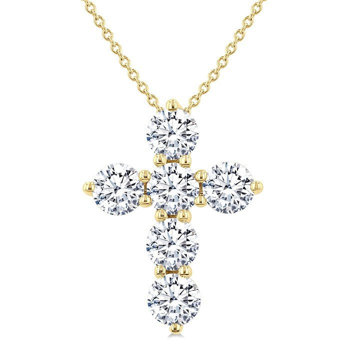 2 Ctw Round Cut Diamond Christian Cross 6-Stone Fashion Pendant With Chain in 14K Yellow Gold