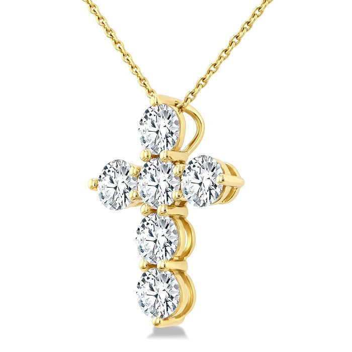 2 Ctw Round Cut Diamond Christian Cross 6-Stone Fashion Pendant With Chain in 14K Yellow Gold