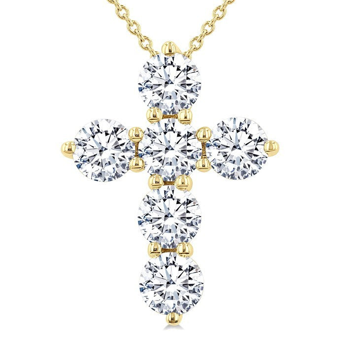 2 Ctw Round Cut Diamond Christian Cross 6-Stone Fashion Pendant With Chain in 14K Yellow Gold