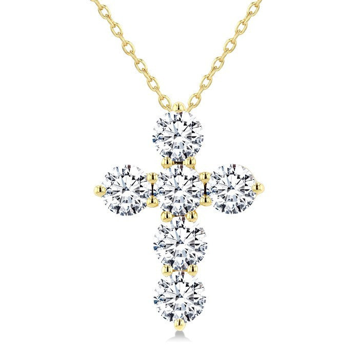 3 Ctw Round Cut Diamond Christian Cross 6-Stone Fashion Pendant With Chain in 14K Yellow Gold