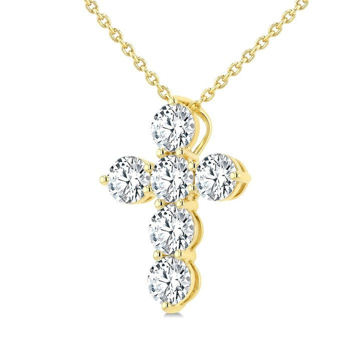 3 Ctw Round Cut Diamond Christian Cross 6-Stone Fashion Pendant With Chain in 14K Yellow Gold
