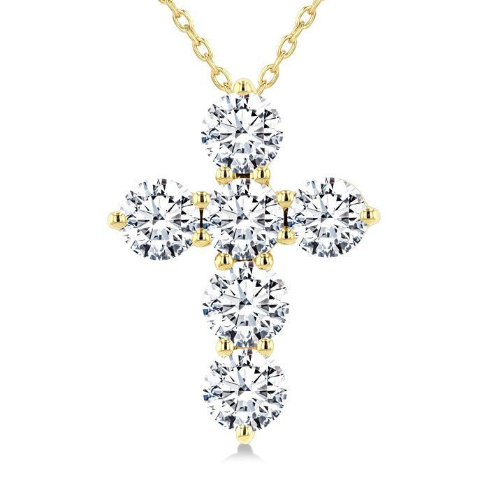 3 Ctw Round Cut Diamond Christian Cross 6-Stone Fashion Pendant With Chain in 14K Yellow Gold