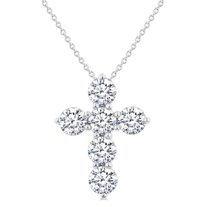 2 Ctw Round Cut Diamond Christian Cross 6-Stone Fashion Pendant With Chain in Platinum