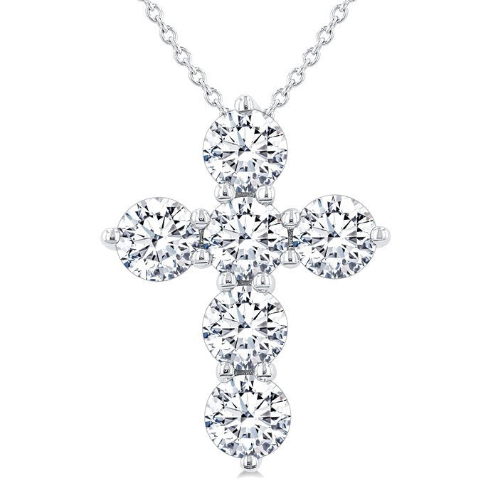 2 Ctw Round Cut Diamond Christian Cross 6-Stone Fashion Pendant With Chain in Platinum