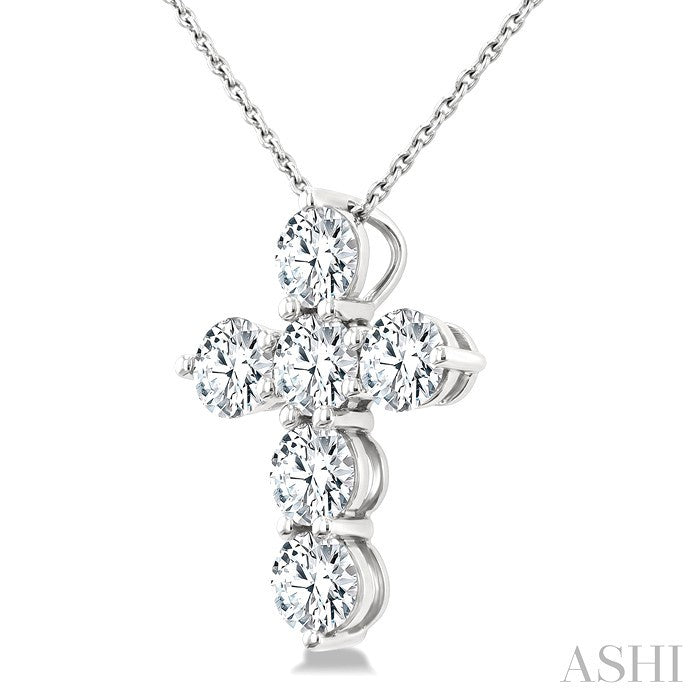 2 Ctw Round Cut Diamond Christian Cross 6-Stone Fashion Pendant With Chain in 14K White Gold