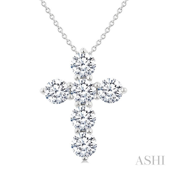 2 Ctw Round Cut Diamond Christian Cross 6-Stone Fashion Pendant With Chain in 14K White Gold