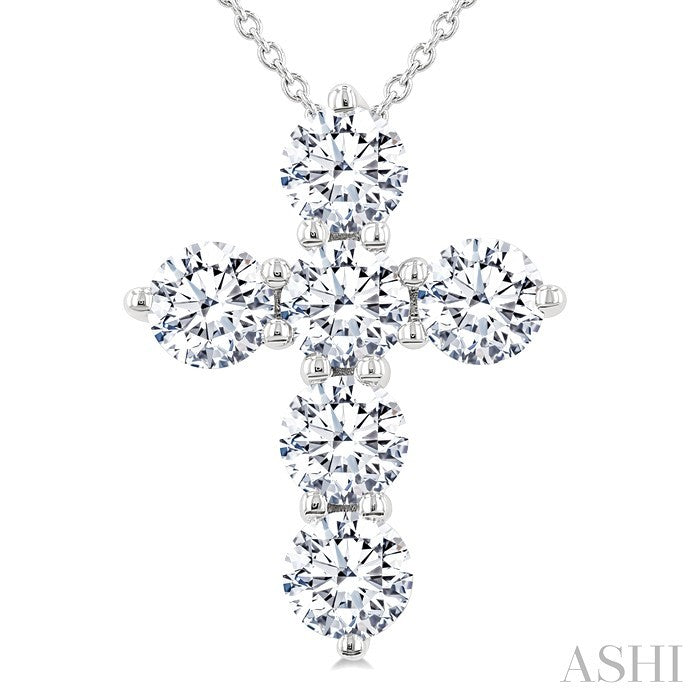 2 Ctw Round Cut Diamond Christian Cross 6-Stone Fashion Pendant With Chain in 14K White Gold