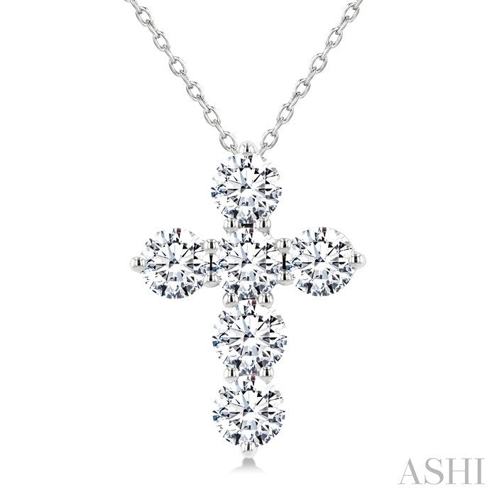 3 Ctw Round Cut Diamond Christian Cross 6-Stone Fashion Pendant With Chain in 14K White Gold