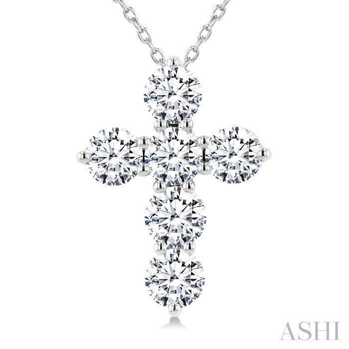 3 Ctw Round Cut Diamond Christian Cross 6-Stone Fashion Pendant With Chain in 14K White Gold