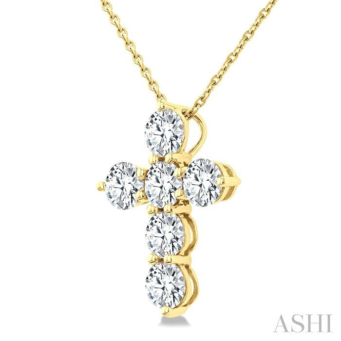 1 1/2 Ctw Round Cut Diamond Christian Cross 6-Stone Fashion Pendant With Chain in 14K Yellow Gold