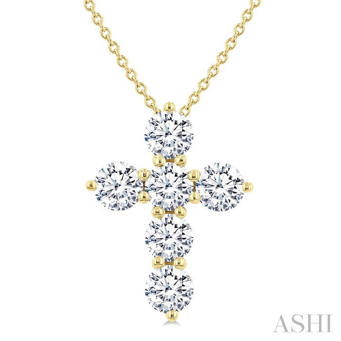 1 1/2 Ctw Round Cut Diamond Christian Cross 6-Stone Fashion Pendant With Chain in 14K Yellow Gold