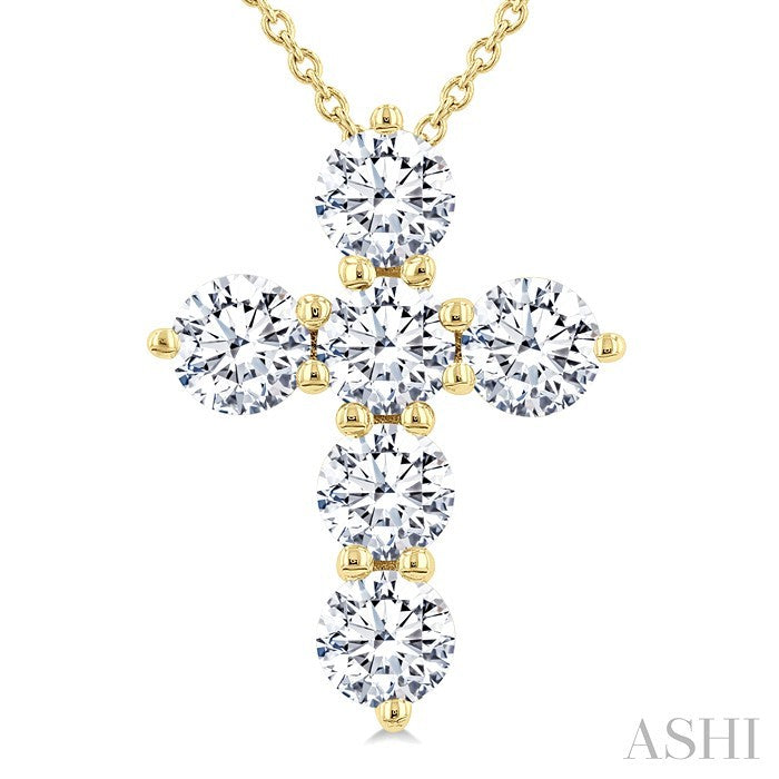 1 1/2 Ctw Round Cut Diamond Christian Cross 6-Stone Fashion Pendant With Chain in 14K Yellow Gold