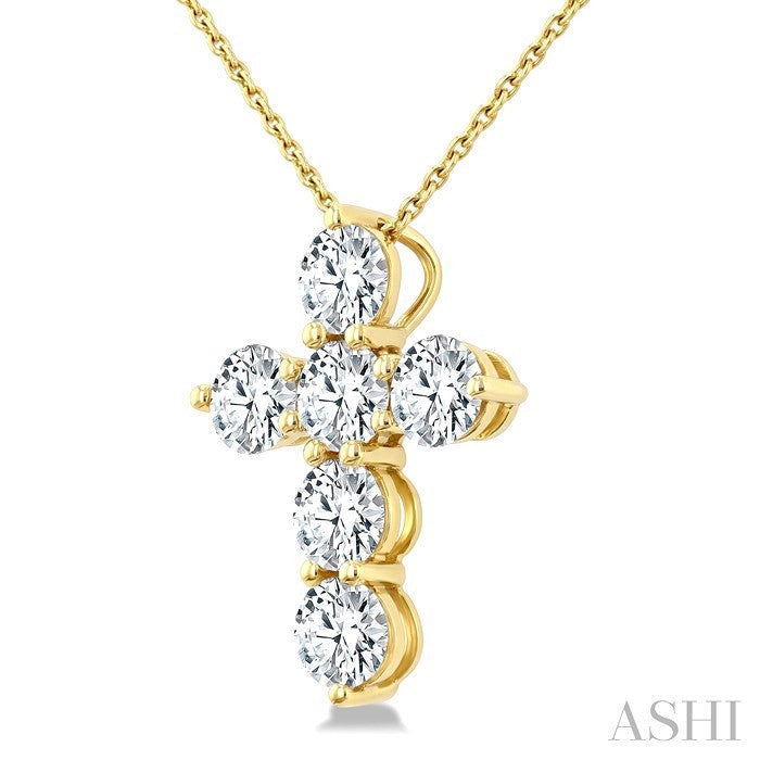 2 Ctw Round Cut Diamond Christian Cross 6-Stone Fashion Pendant With Chain in 14K Yellow Gold