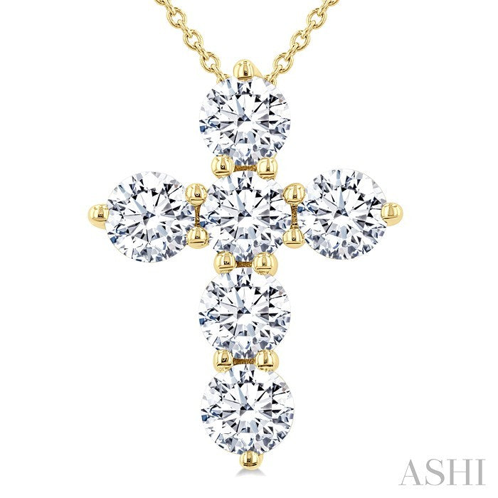 2 Ctw Round Cut Diamond Christian Cross 6-Stone Fashion Pendant With Chain in 14K Yellow Gold